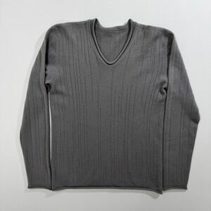 100% Cashmere V-Neck Ribbed Knit Sweater Gray S Minimalist Quiet Luxury Unisex